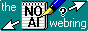 a bluegreen rectangle showing the words the NO AI webring, with NO AI being written by a fountain pen, all in the style of 16 bit Windows 95 icons. to either side are two equally Windows-95-style cursors pointing left and right, softly bouncing up and down. in between it all is a small black question mark